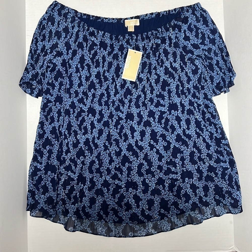 Michael Kors Sheer Blueberry Floral Print Off Shoulder Blouse Top 1X NWT Blue